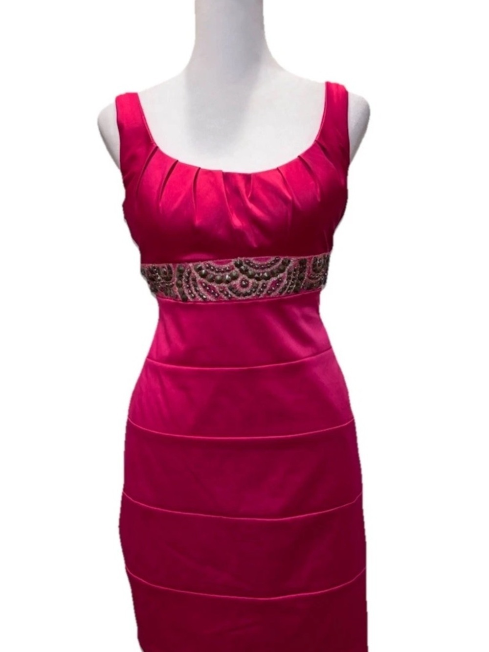 Bisou Bisou Hot Pink Satin Cocktail Dress Petite 8 Beaded Waist Bodycon - Picture 3 of 8